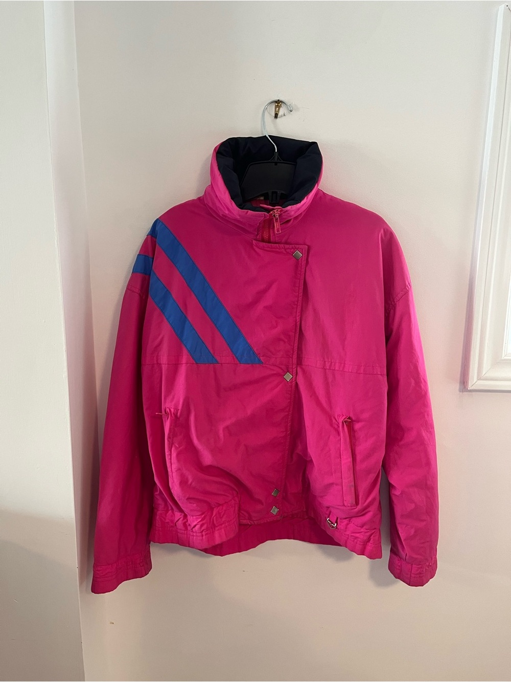 Women’s Vintage Pink Bomber Jacket with Blue Stripe Accent - Size Medium